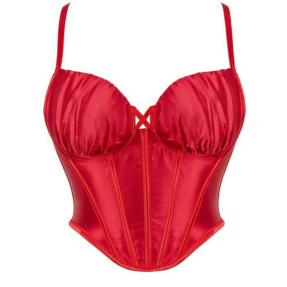 DailyTrove Women's Red Satin Strappy Overbust Corset - Polyester Vintage Shapewear, Adjustable for Daily & Party Styling for women