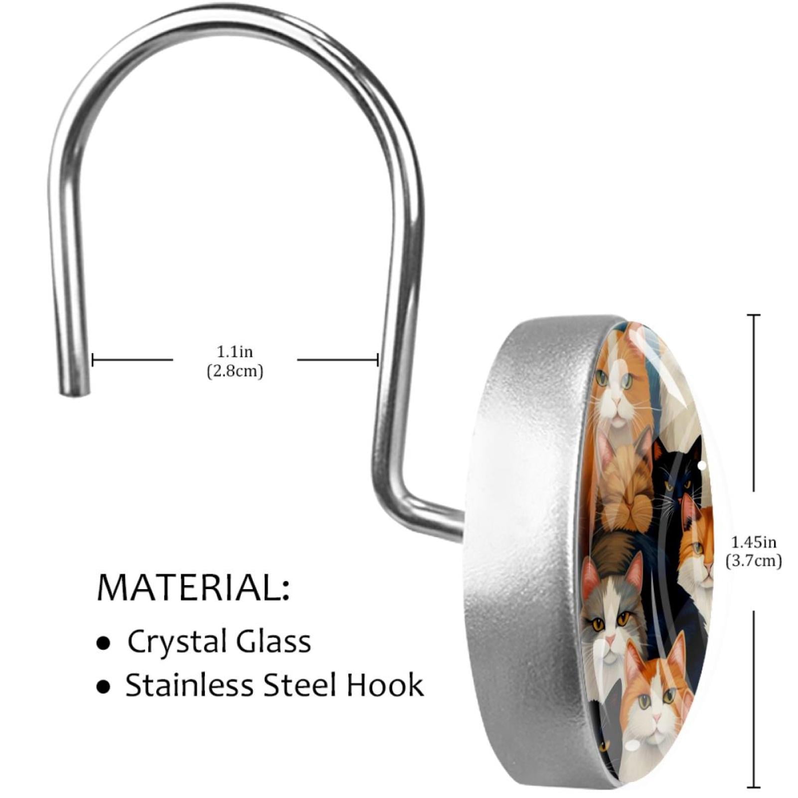 Cartoon Cat Shower Curtain Hooks （Set of 12） for Home Hotel Shower Rods Bathroom Crystal Glass Print Stainless Steel Round Curtain Hooks