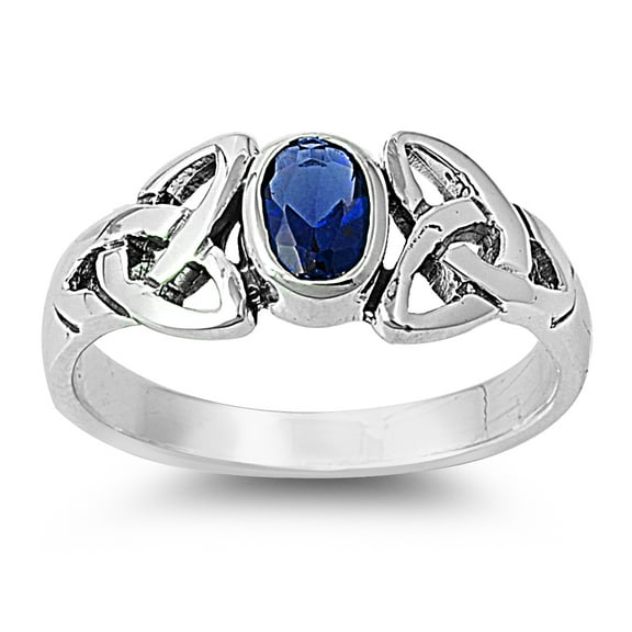 Wicca Celtic Triquetra Simulated Sapphire Cubic Zirconia Ring Sterling Silver 925