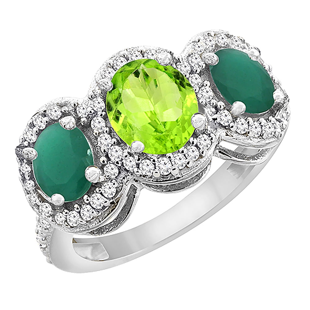 14K White Gold Natural Peridot & Emerald 3-Stone Ring Oval Diamond Accent, size 5 by Gabriella Gold