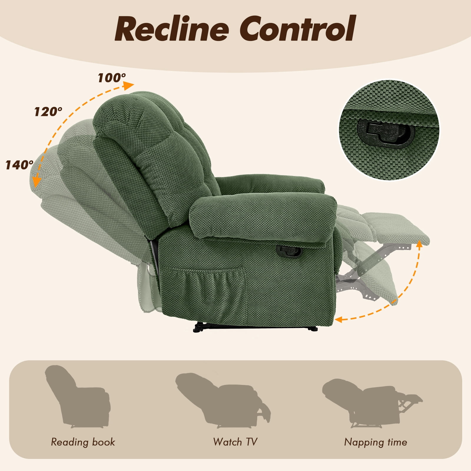 MOONMISS Recliner Chair, Comfortable Lay-Flat Sofa for Living Room,Green