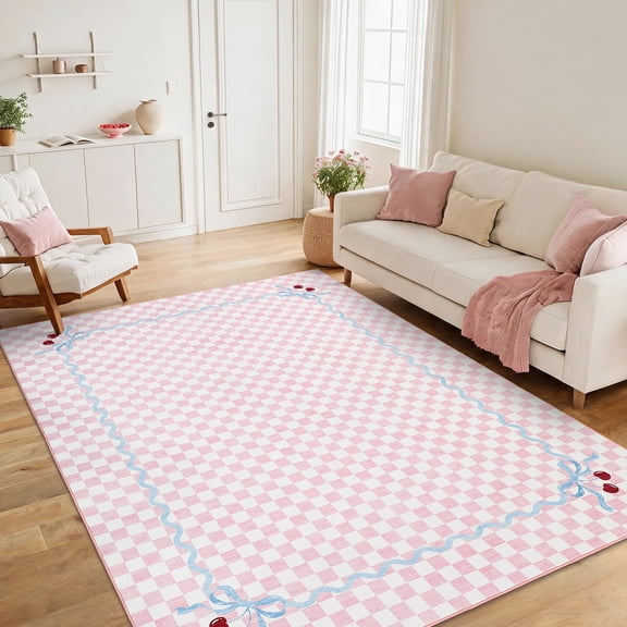 Garvee 5'x7' Checkered Cherry Area Rug Washable Border Carpet, Soft Non-Slip Low Pile Farmhouse Rug for Living Room Bedroom Home Office, Pink