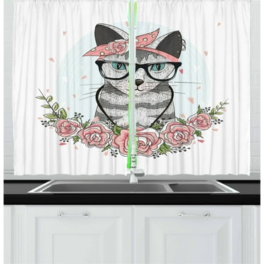 Ambesonne Kitty Kitchen Curtains, Hipster Cool Cat Portrait, 55"x39", Multicolor