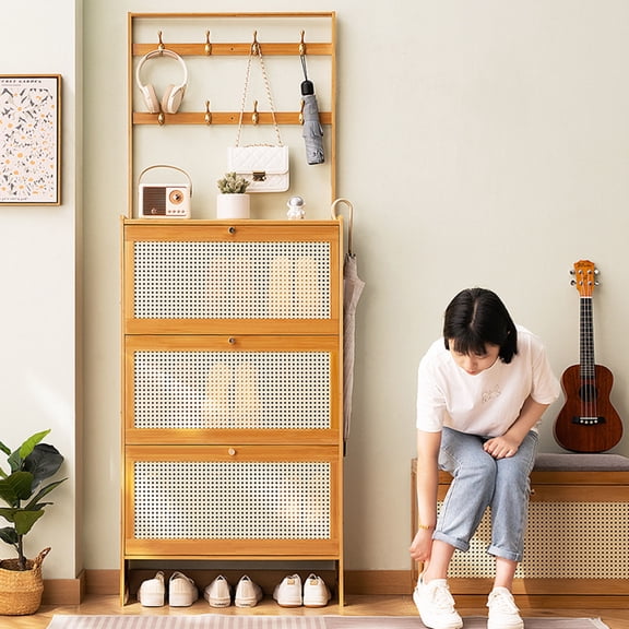 GDF Studio Bamboo Shoe Storage Cabinet with Rattan Flip Drawers and Coat Hooks, Slim Entryway Organizer, Natural