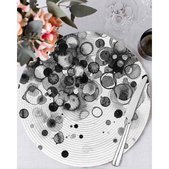 13 Inch Round Placemats Set of 4, Black Gradient Non Slip Heat Insulation PP Table Mats, Abstract Polka Dots Vintage Modern Art Washable Place Mats for Kitchen Dining Party Table Decor