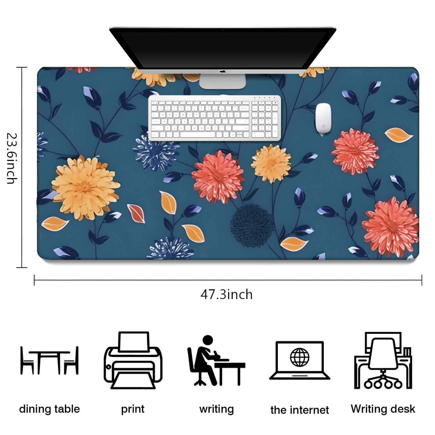 Long Mouse Pads for Desk,Pioneer Flower Floral Print Pattern Desk Mats on Top Of Desks, Desk Mouse Pad Extra Large with 3mm Non-Slip Base and Stitched Edge for Gaming,Office,Work,Home 47.3"x23.6"
