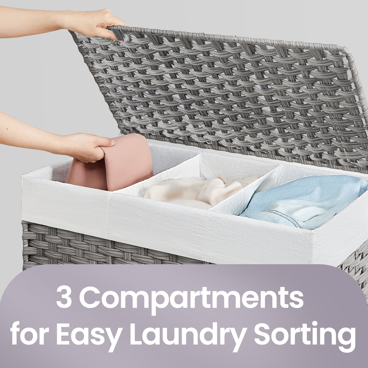 LEDREM Rolling Laundry Hamper with Lid, 3-Section Divider, Large 42.3-Gallon Capacity, Removable Liner, Wheels & Handle, Bedroom Organizer, Gray