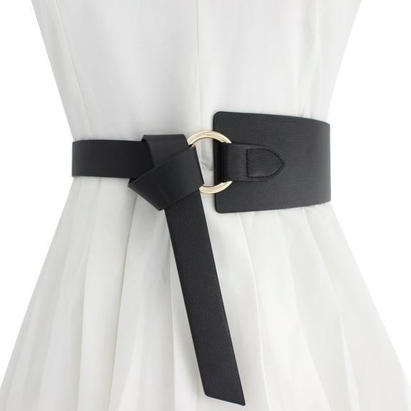 ZHENHONG Lace-Up Belt for Women Casual Solid Color Golden Ring Decorative Knotted Waist Wide Belt Women's Accessories Belt Black