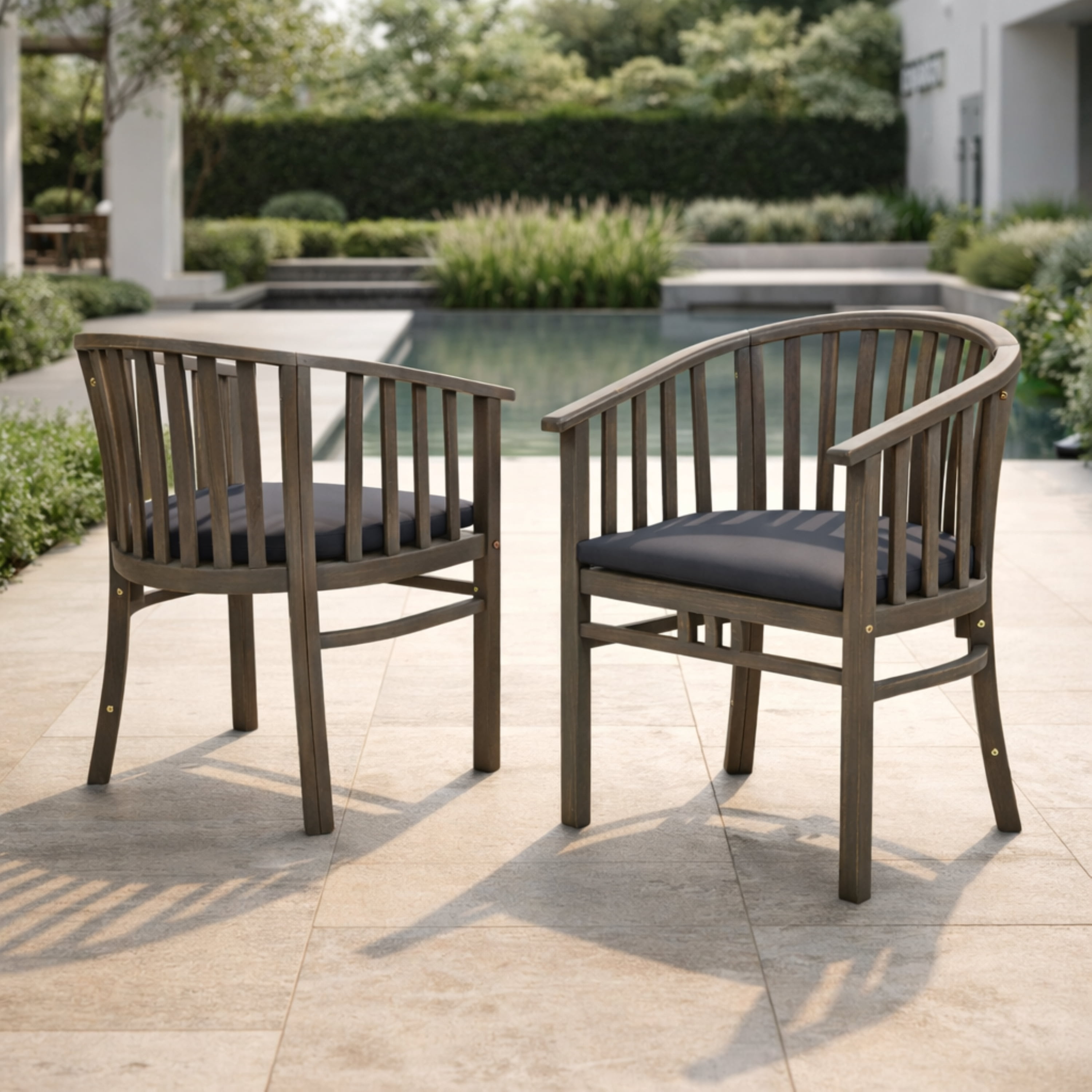 Outdoor Cushioned Wooden Dining Chair Set of 2, Solid Wood Frame for Patio Garden, Grey