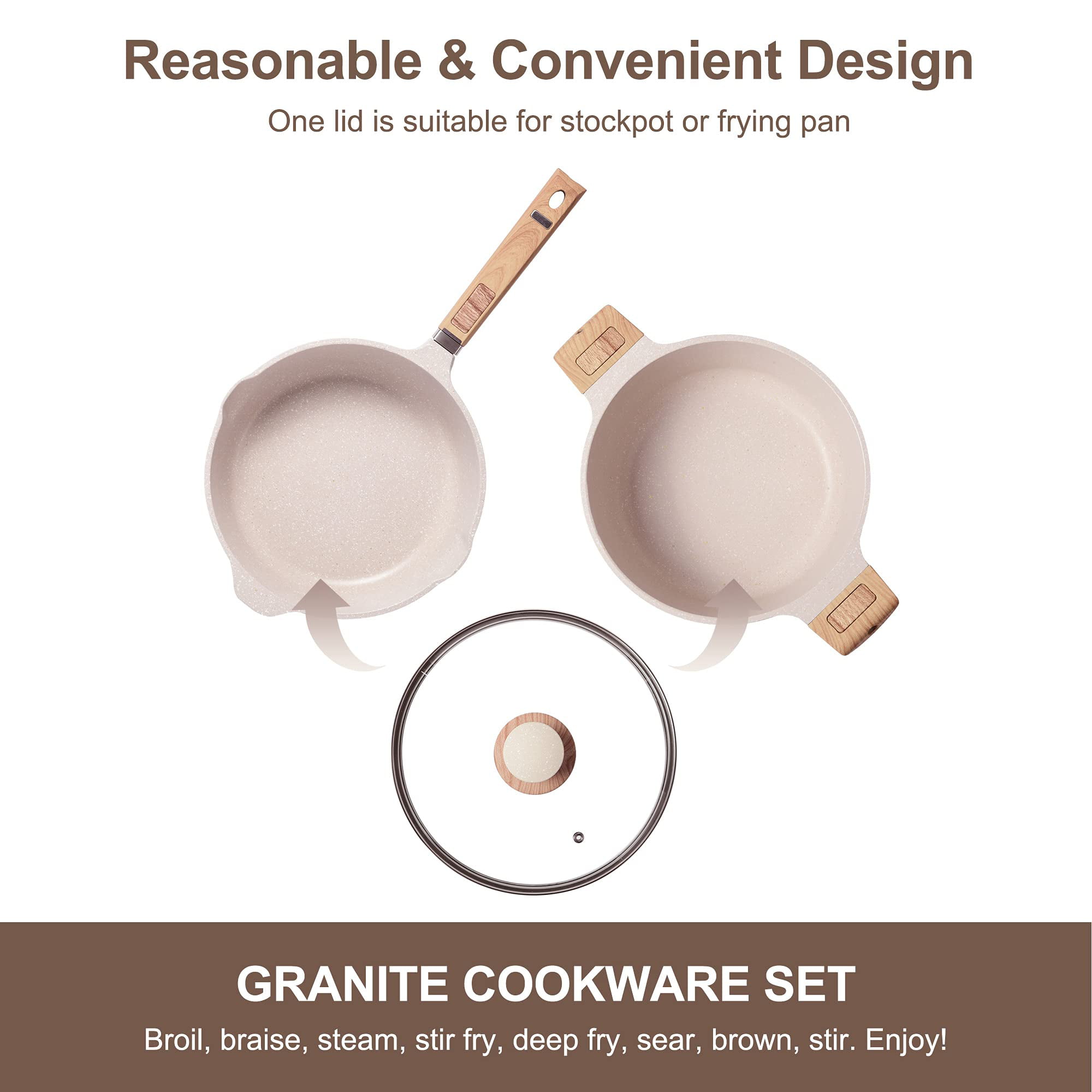 Pots and Pans Set, iMounTEK Nonstick Induction Kitchen Cookware Sets, White  Granite Coating Dishwasher Safe, Frying Pans, Saucepans, Stockpot with  Removable Handle (White) 