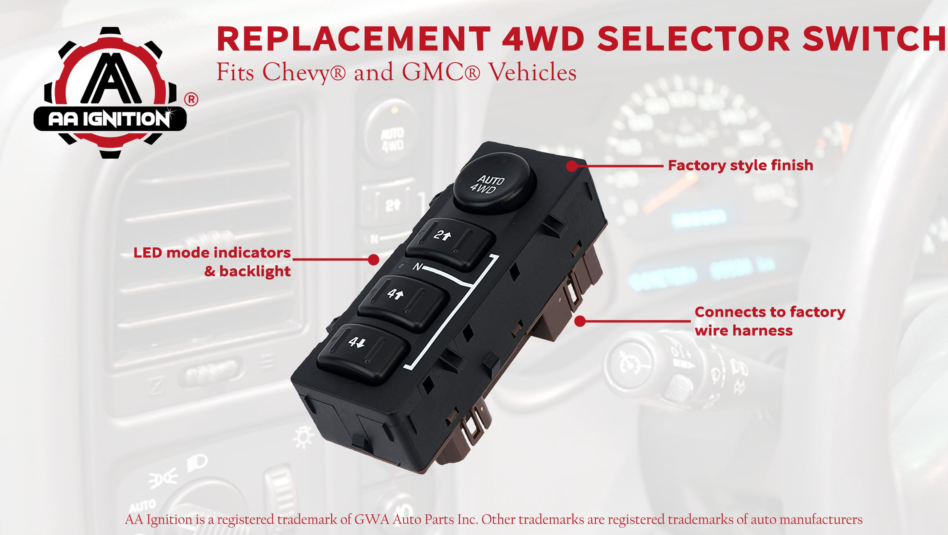 Replaces OE# 15136039,15164520,19259313,901-072 Tahoe Sierra Chevy Silverado Chevrolet Suburban Avalanche Years model 2003-2007 GMC Yukon 4WD Wheel Drive Switch 4x4 Transfer Case Button for 