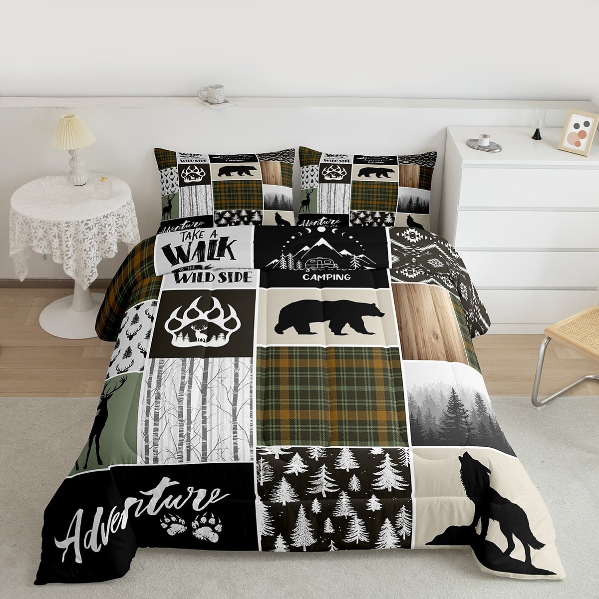 Camper Adventure Kids Comforter Set Twin Size,Deer Antlers Bear Paws Rustic Farmhouse Bedding Set for Boys Girls Adults Room Decor,Atzec Arrows Boho Down Comforter,Camo Duvet Insert