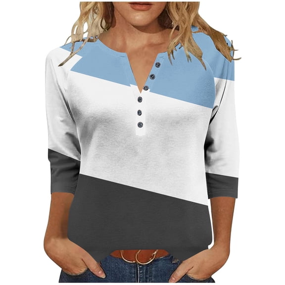 Tops for Women Round Neck 3/4 Sleeve Daily Print Loose Casual T-Shirt Pullover Top Light Blue XXXL