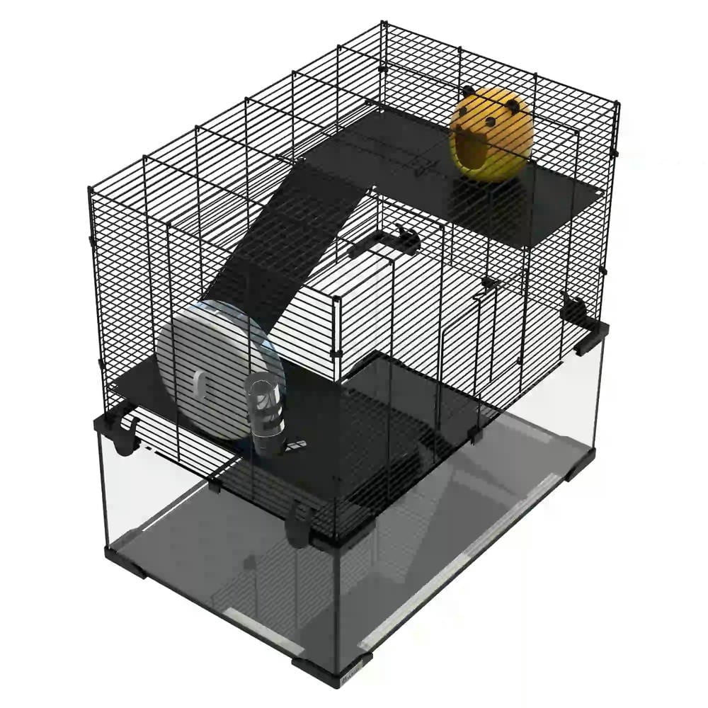Spaco 23.5" Hamster Cage, Gerbil Cage with Glass Basin, Pet Cage for Small Hamsters, Black