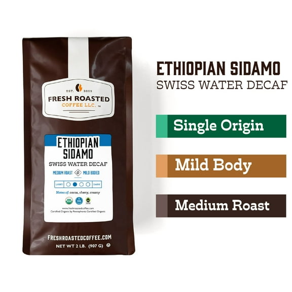 Fresh Roasted Coffee, Organic Ethiopian Sidamo Swiss Water Decaf Coffee, Medium Roast, Whole Bean, 32 oz 2 lbs