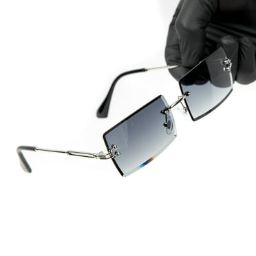 Men's Dark Gray Gradient Tint Rimless Silver Frame Hip Hop Rectangular Sunglasses