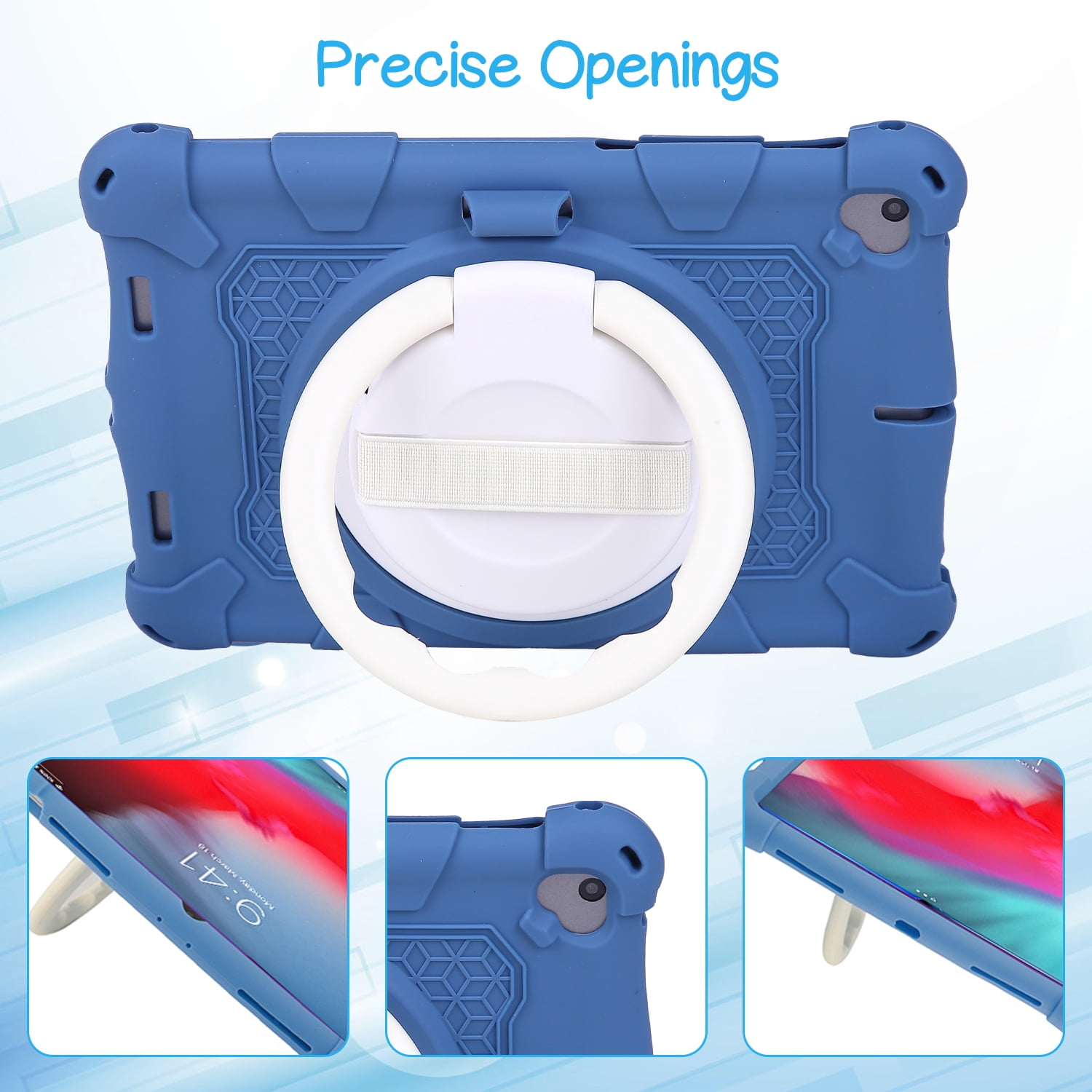 For iPad 6th 5th Generation Case, Soft Silicone Drop Protection Rotating Kickstand with Shoulder Strap Pencil Holder Kids Friendly Lightweight Case for iPad Air 1 2/ iPad 9.7" 2018/2017, Darkblue