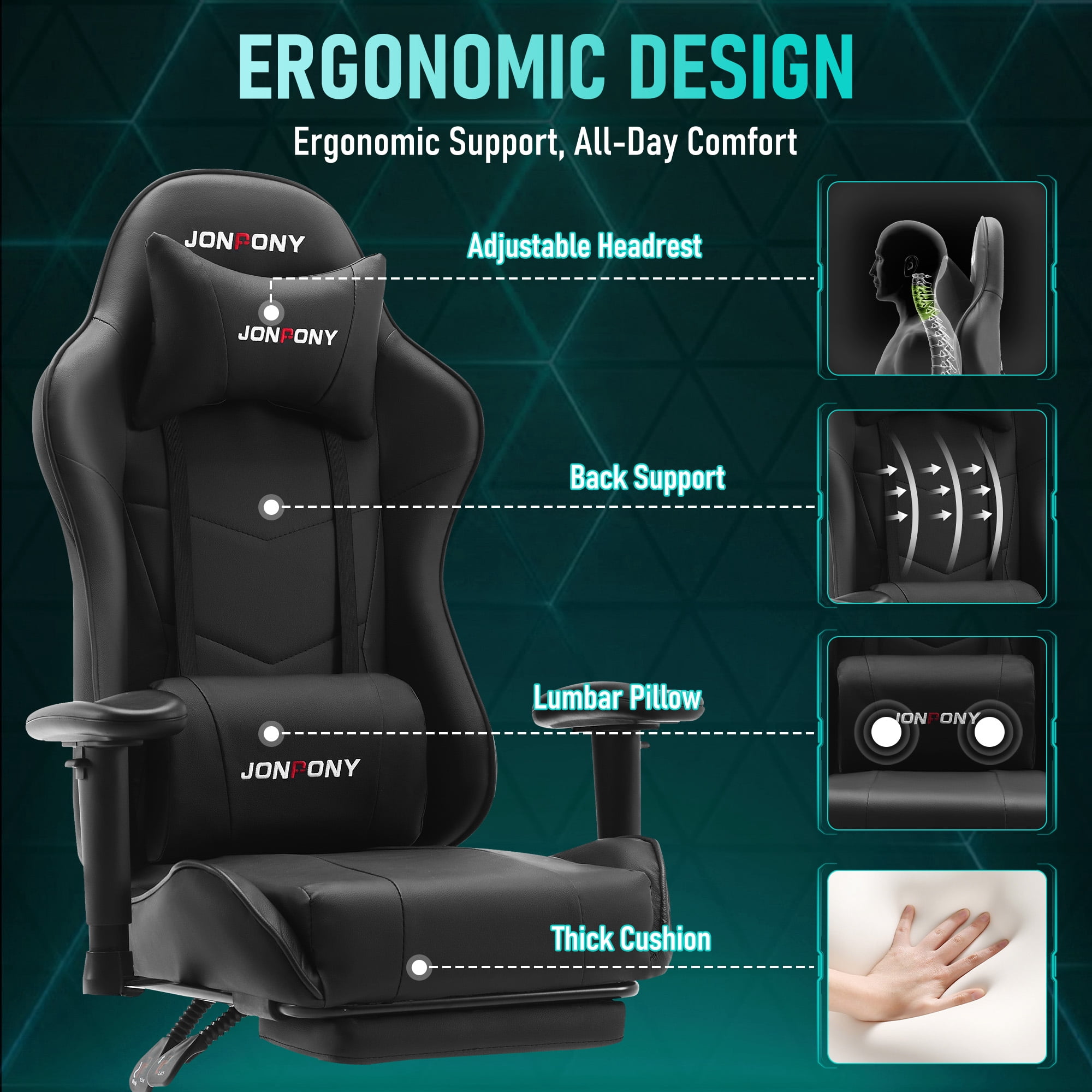 JONPONY Big and Tall 500LBS Gaming Chair with Footrest and Lumbar Support, High Back Ergonomic Recliner,Height Adjustable Leather Computer Desk Chair for Home Office, Black