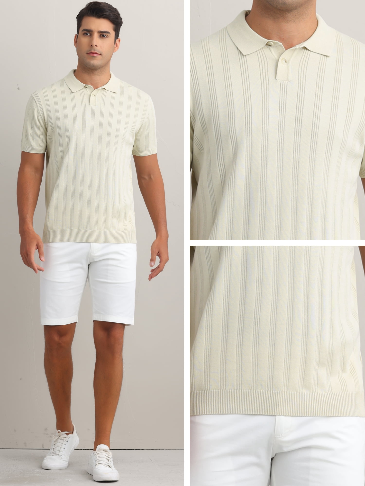 DARING DIVA Men's Short Sleeve Button Regular Fit Knit Texture Polo Shirt XL Apricot