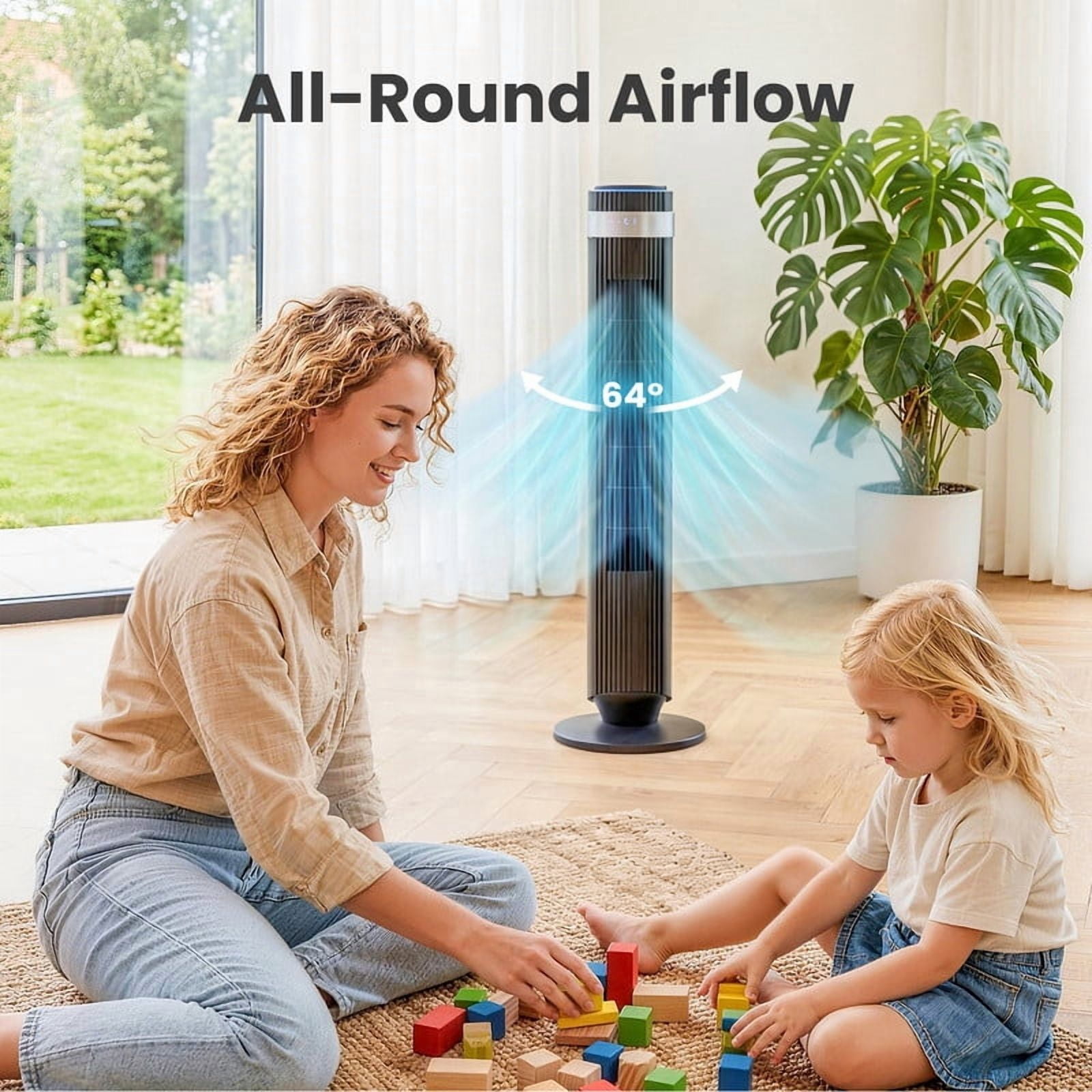 Gianna Tower Fan for Bedroom, 28dB Silent Standing Fan with 12H Timer, Smart Auto Mode, 64°Oscillating Bladeless Cooling Fan for Home Office, Black