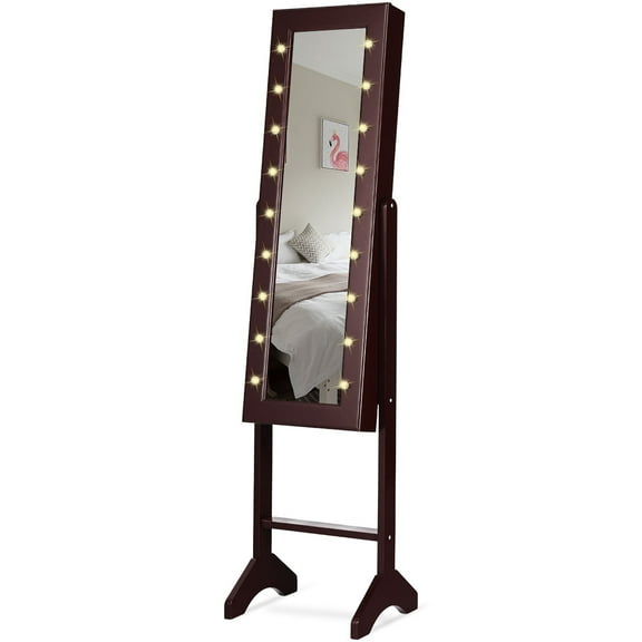 Patiojoy LED Lighting Mirrored Jewelry Cabinet Armoire Free Standing Dressing Organizer Coffee