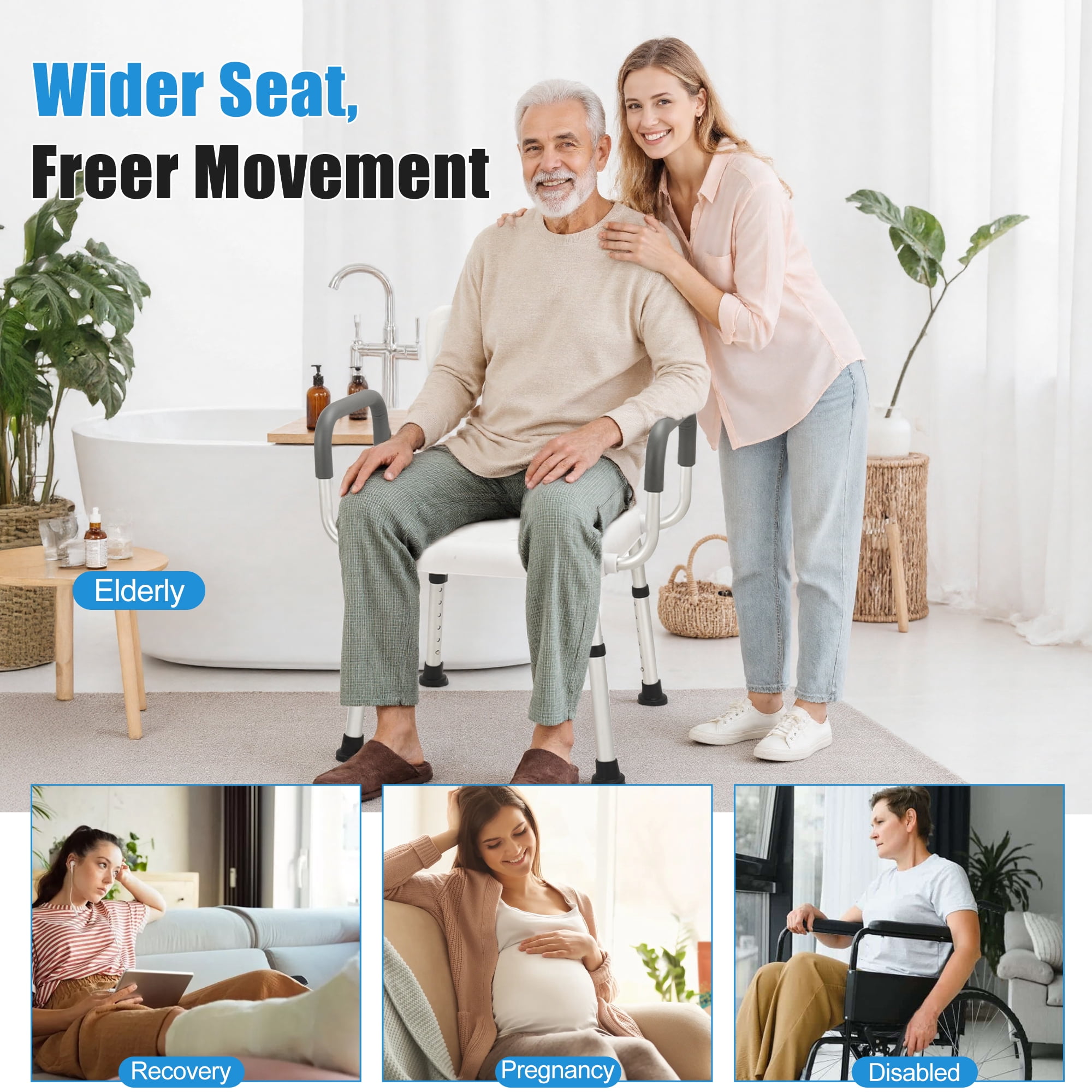 GARITIN Shower Chairs for Bathtub, Bath Stool with Back and Arms, Adjustable Shower Seat with Nonslip Feet, Shower Benchs for Inside Shower, Support up to 330Lbs