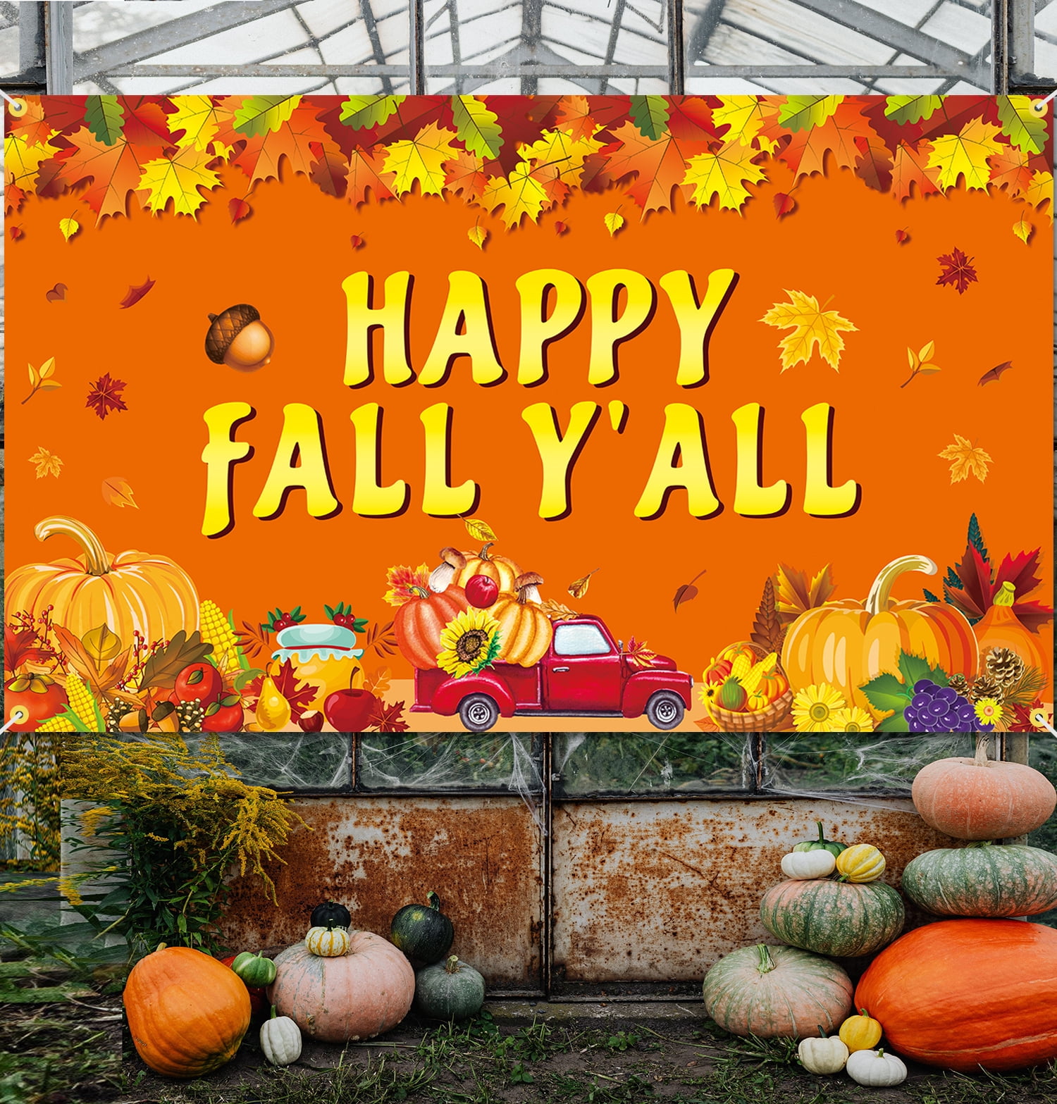 Happy Fall Y'all Flagge – 91x152 Cm, Herbst-Deko Mit Kürbissen & Ahornblättern, Für Garten & Party