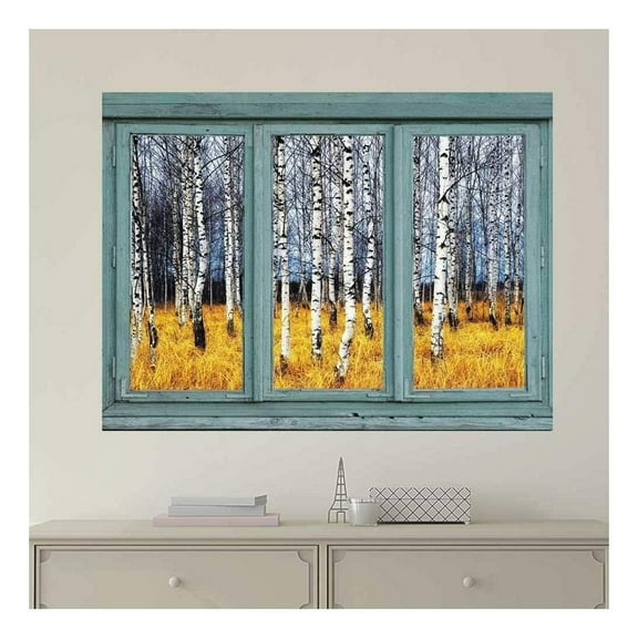 wall26 - Vintage Teal Window Looking Out Into a an Aspen Tree Forest During Fall Time - Wall Mural, Removable Sticker, Home Decor - 36x48 inches