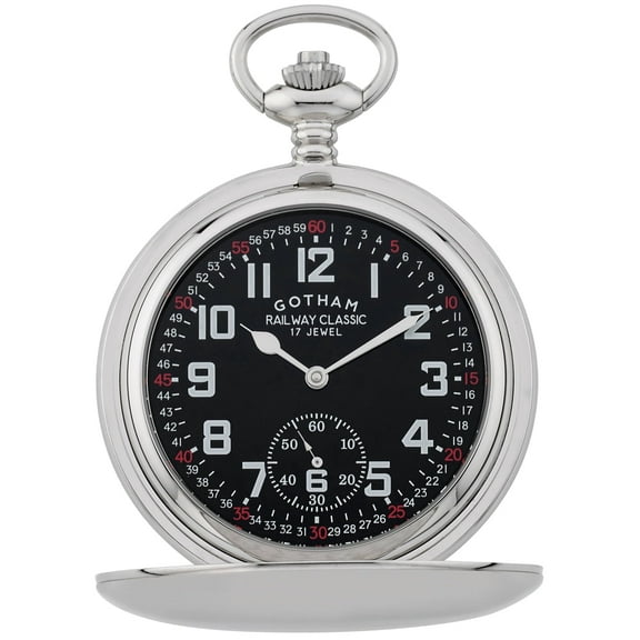Gotham Men's Silver-Tone Railroad Dial Double Hunter 17 Jewel Mechanical Pocket Watch # GWC18806SB