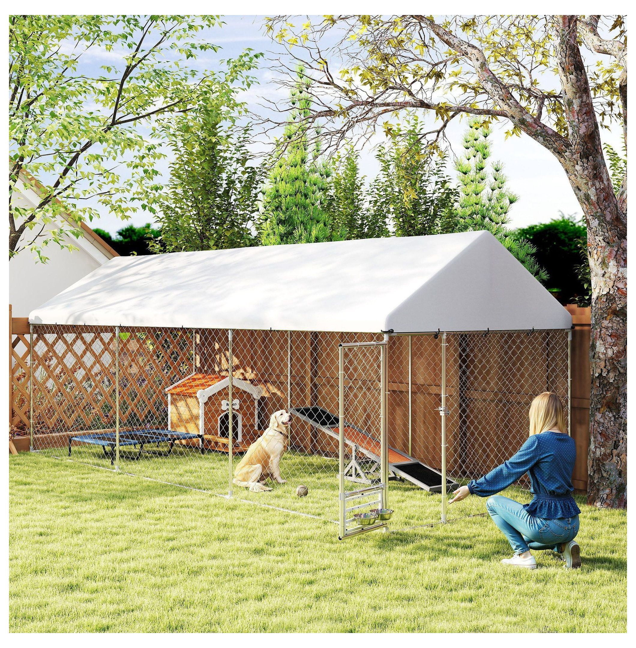 Outdoor Dog Kennel Large, 19.7' x 7.5' x 7.5' - Waterproof Run w/ Adjustable Bowl Rack & Secure Lock
