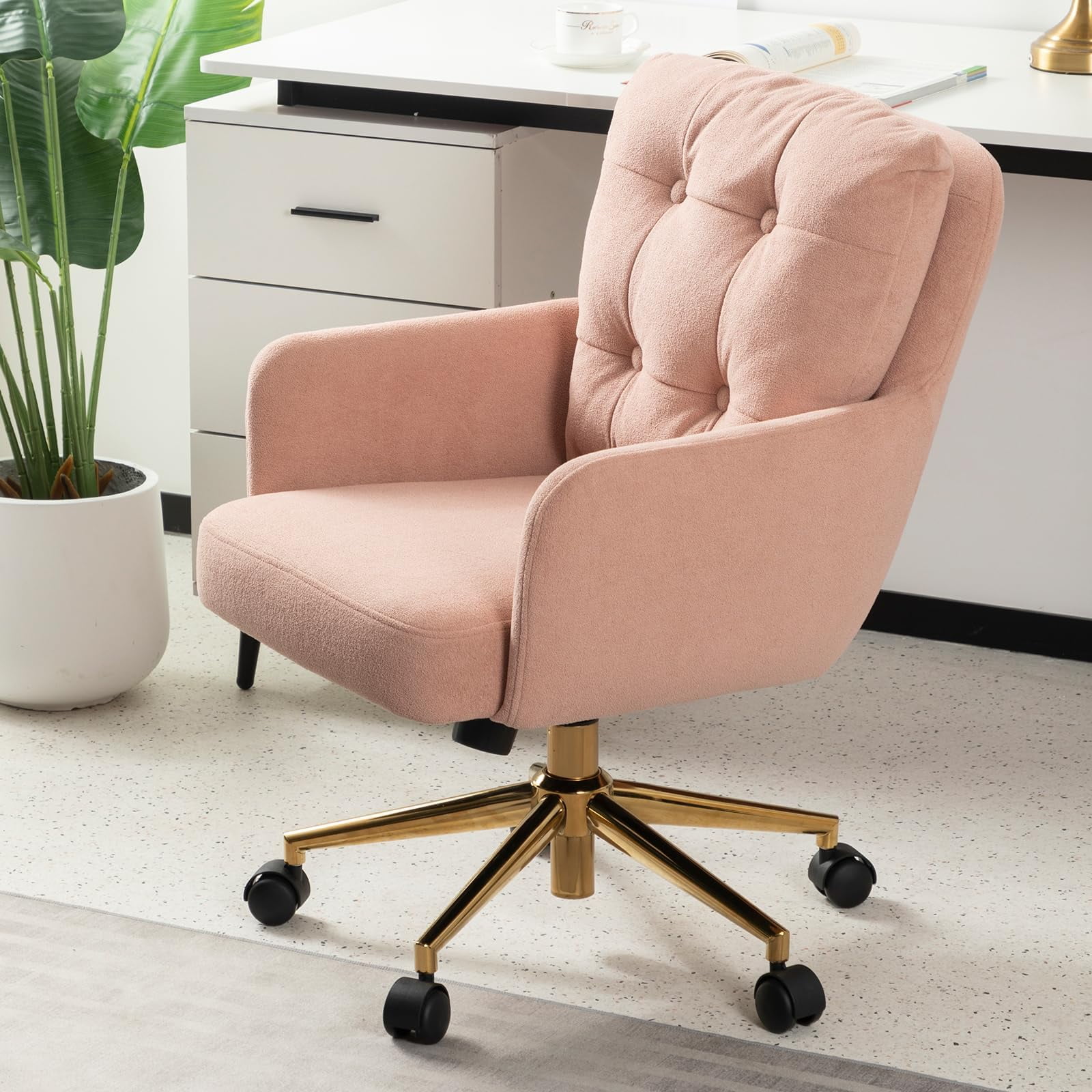 pink velvet office chair with product