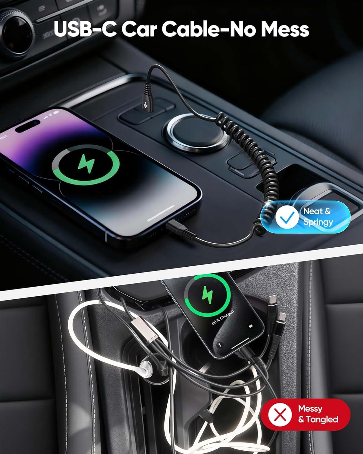 MHAWBL-USB C to USB C Cable Coiled 2-Pack, Retractable USB C Cable, 3FT 60W Fast Type-C Car Charger Cord for CarPlay and Android Auto, Type-C Fast Charing for iPhone 17/16/15, Samsung S23/S24/S25/S26