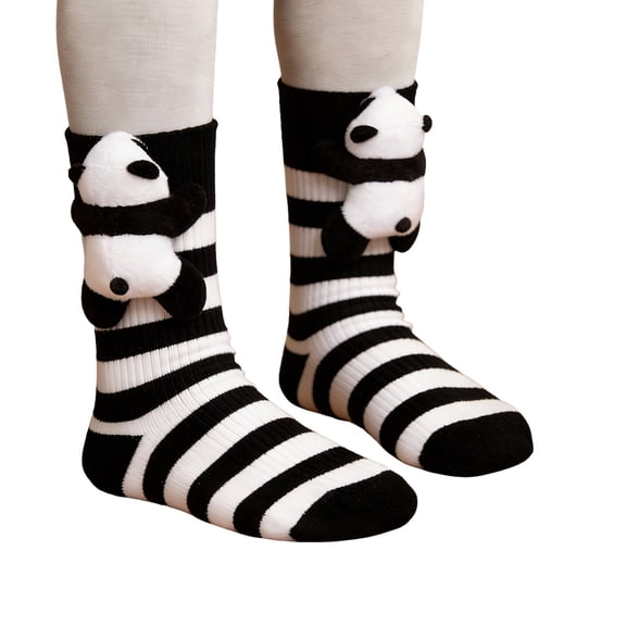 OOOUM Cute 3D Plush Panda Crew Socks Striped Soft Stretch Knit Mid Calf Socks Cute Womens Socks Black