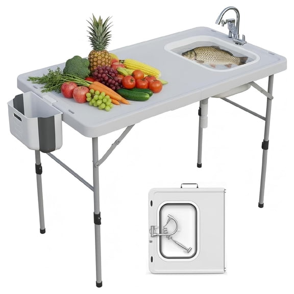 Home Portable Foldable Fish Cleaning Table, Outdoor Camping Table with Sink & Fish Cleaning Kit, Folding Fillet Cleaning Station with Faucet & Sprayer for Camping, Patio, Beach, Dock & Patio