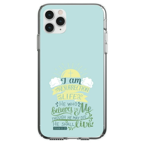 DistinctInk Clear Shockproof Hybrid Case for iPhone 12 / 12 PRO (6.1" Screen) - TPU Bumper, Acrylic Back, Tempered Glass Screen Protector - John 11:25 - I am the Resurrection and the Life
