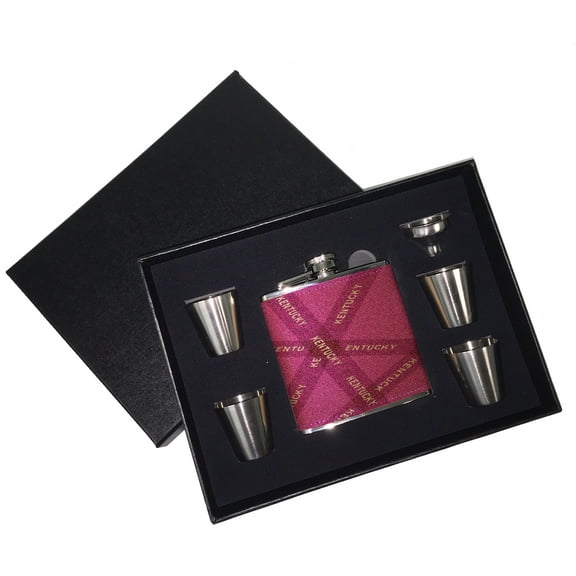 KuzmarK 6 oz. Leather Flask Set in Black Presentation Box -  Kentucky Pink Pride