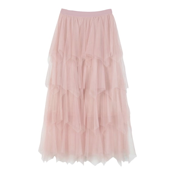 Ediodpoh Women's Skirts High Waist Multilayer Irregular Mesh Patchwork Cake Skirt Mid Length Long Skirt Midi Skirts for Women Pink S
