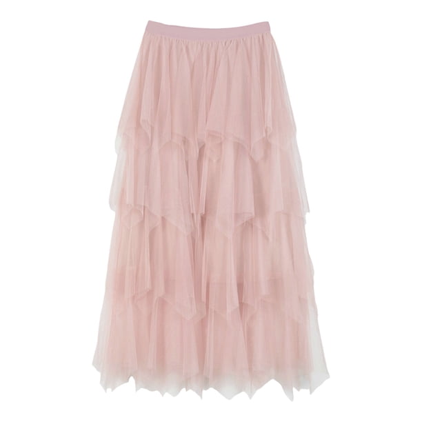 Falda irregular de malla hasta la mitad de la pierna para mujer - Diseño con volantes multicapa, abertura con cremallera delantera - Falda informal/de oficina para primavera/verano con abertura tra