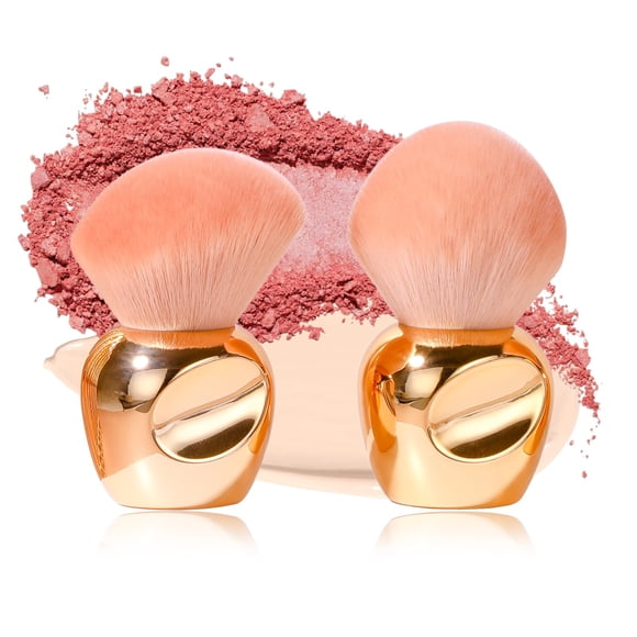 Oneleaf Kabuki Brochas de maquillaje Premium Sintéticas Planas Brocha para base Maquillaje Kabuki Juego de 2 brochas doradas (redondas)