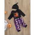thumbnail image 3 of Bagilaanoe 3Pcs Newborn Baby Girl Halloween Outfits Letter Print Long Sleeve Romper Tops Skull Ghost Pumpkin Pattern Trousers Hat 6M 12M 18M 24M Infant Fall Long Pants Set, 3 of 9