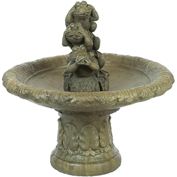 Solid Rock Stoneworks Hear See Speak No Evil Frogs Fountain - 35" Tall - Aged Pine