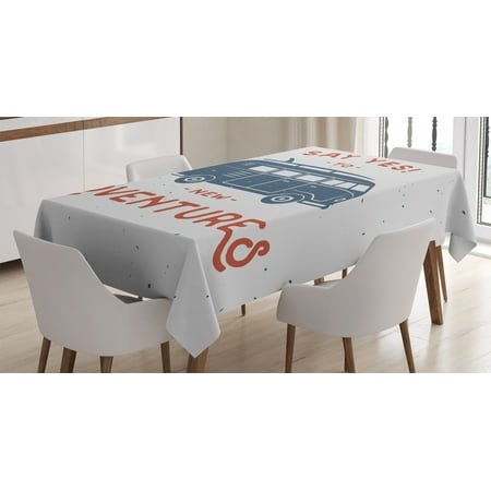 

Vintage Decor Tablecloth New Adventures Typography with Little Van Hippie Style Life Free Spirit Design Rectangular Table Cover for Dining Room Kitchen 52 X 70 Inches Blue Red by Ambesonne
