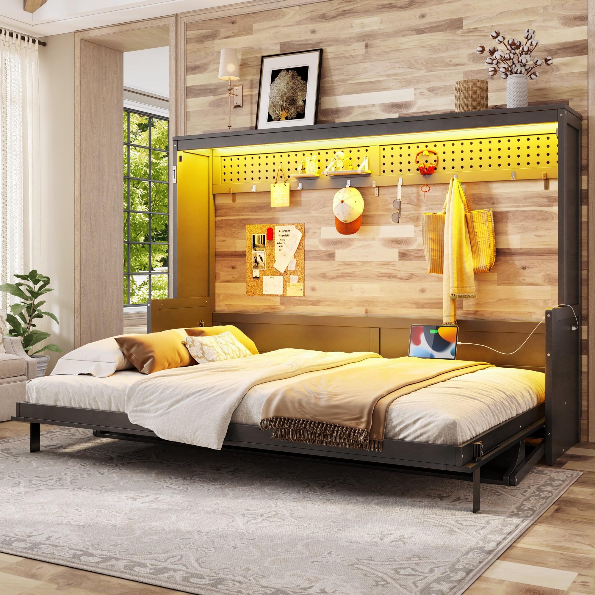 Leumius Queen Size Murphy Bed with Storage & Charging Station,Modern Murphy Cabinet with Desk,Multifunctional Storage Cabinet Bed with Foldable Panel for Guest Bedroom, Living Room, Office,Dark Gray