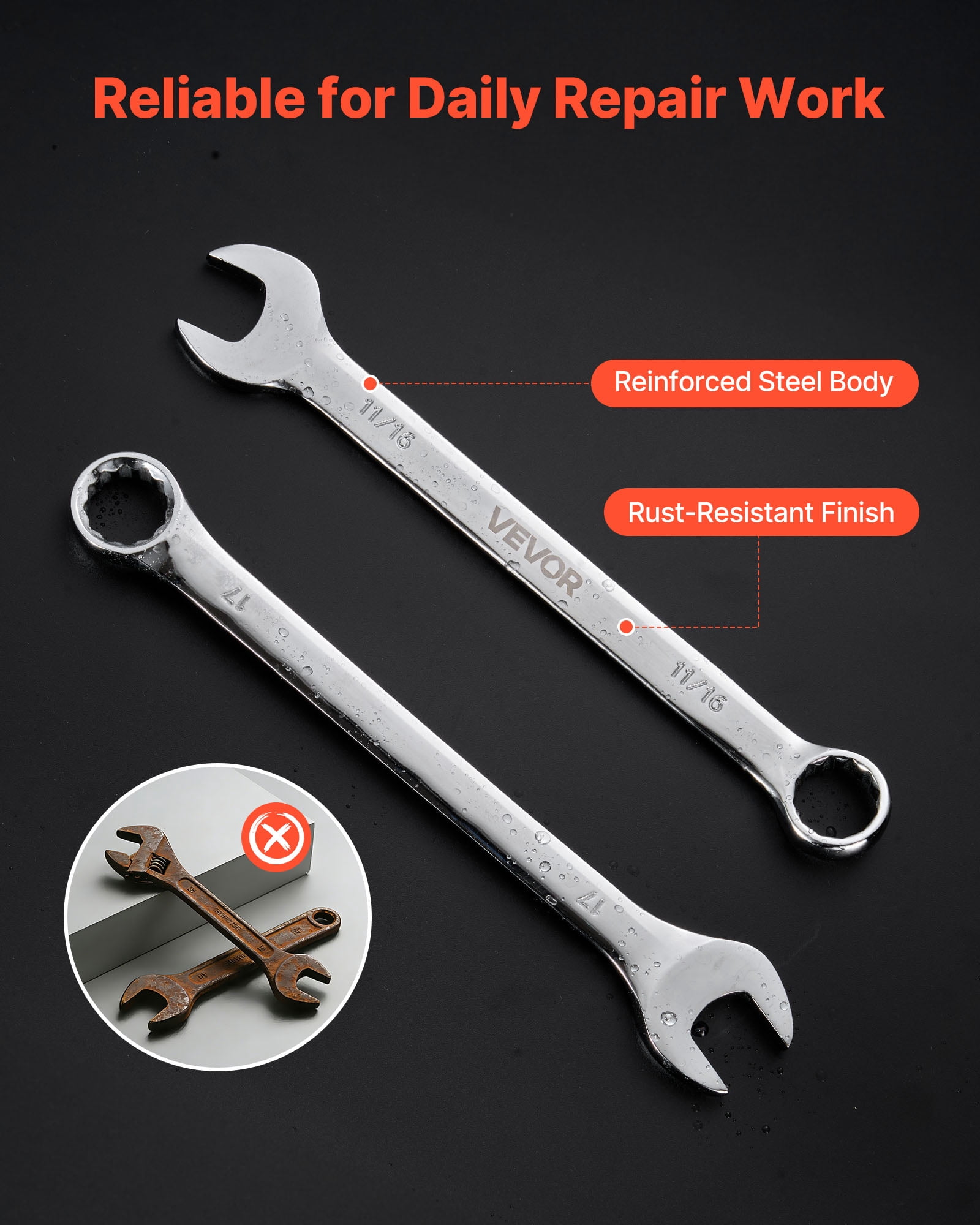 VEVOR Combination Wrench Set, 44-Piece SAE and Metric, 12-Point Box End and 15° Angled Open End Combination Wrenches with Roll Up Pouch, Carbon Steel, for General Household and Automotive Repairs