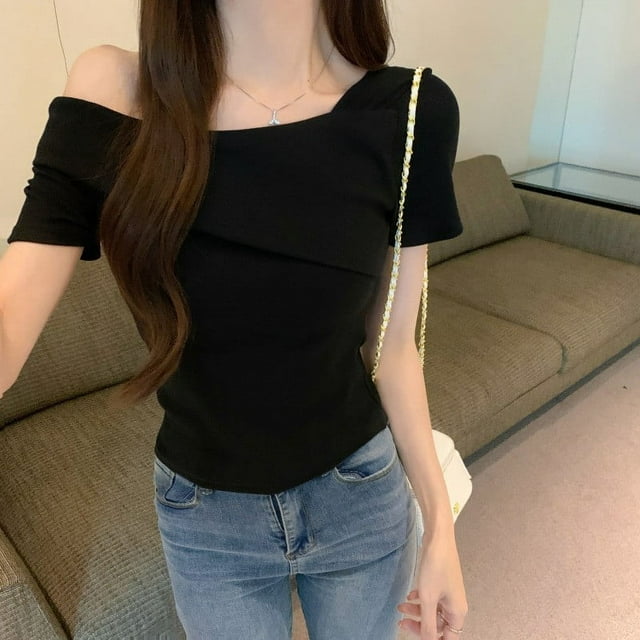 mfyjkho Tops Para Hacer Ejercicio, Top/Camiseta De Verano Para Mujer, De Moda, Con Cuello Redondo, Color Liso, Manga Corta Y Hombros Descubiertos Tops Para Salir Para Mujer M