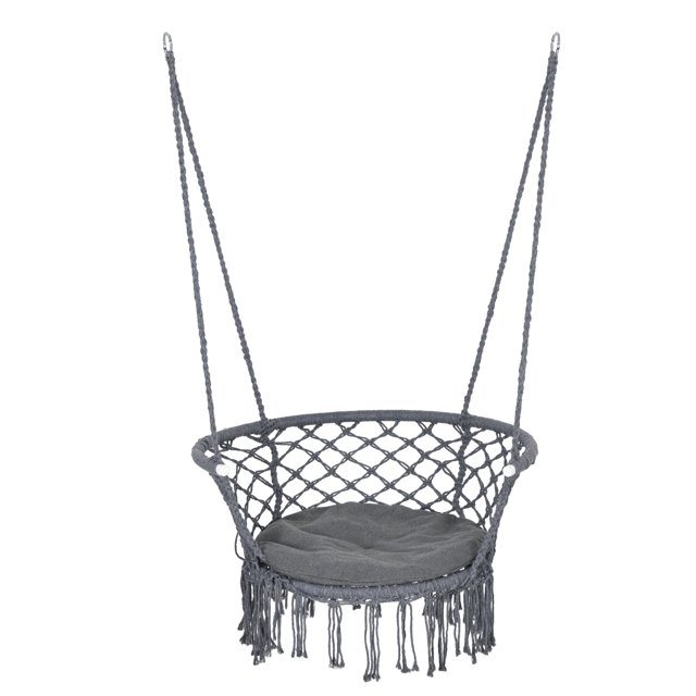 Outsunny Hanging Hammock Chair, Cotton Rope Porch Hammock Swing with Metal Frame and Cushion, Large Macrame Seat for Patio, Garden, Bedroom, Living Room, Dark Grey