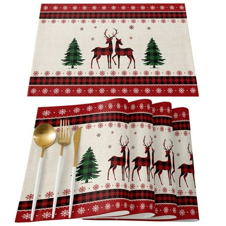 

dosili Christmas Tree Snowflake Elk Kitchen Dining Table Decor Accessories 4/6pcs Placemat Heat Resistant Linen Tableware Pads Mats