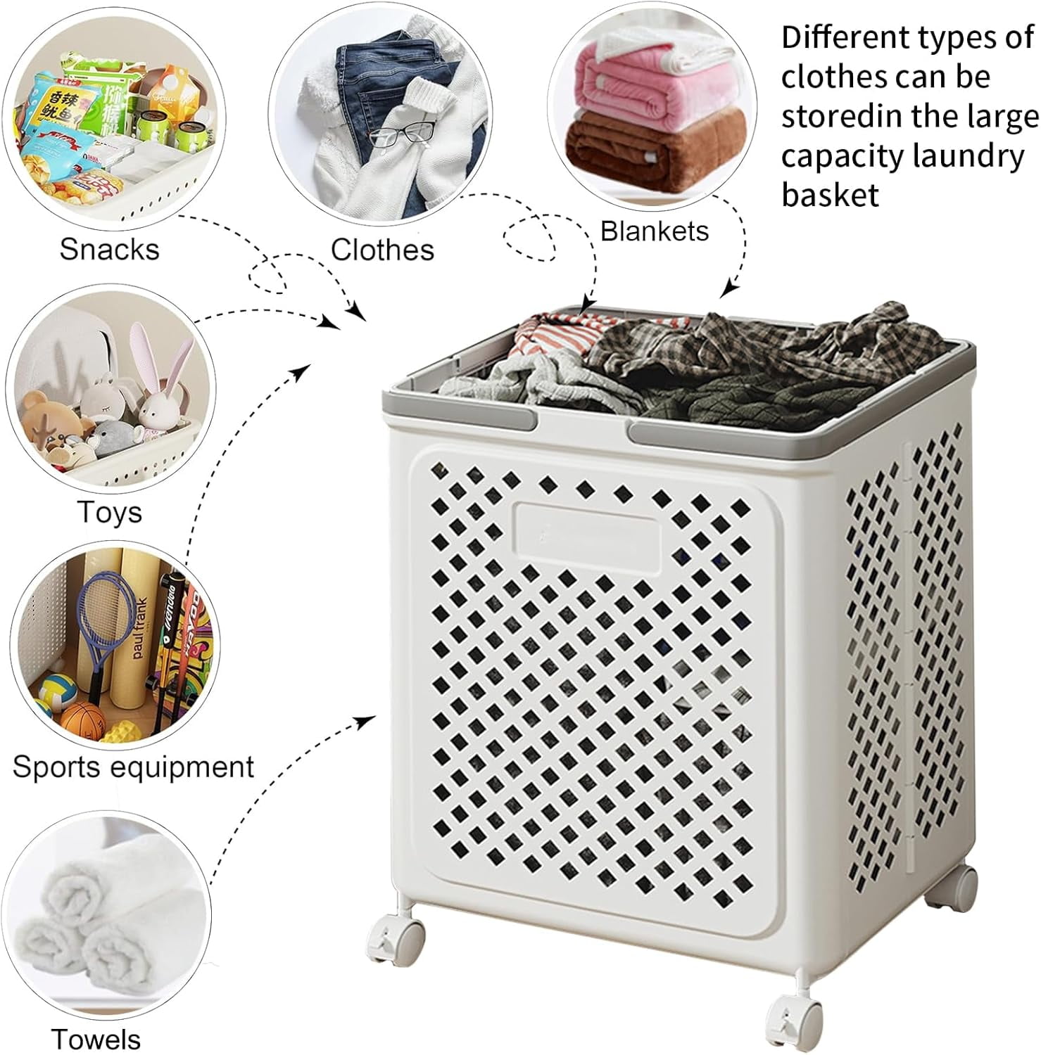 XZKING 50L Foldable Laundry Hamper Rolling Laundry Basket Cart with Wheels Collapsible