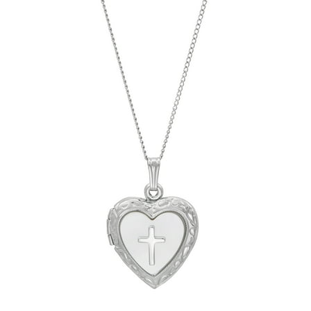 Brilliance Fine Jewelry Mother of Pearl with Cross Locket Heart Pendant in Sterling Silver, 18"