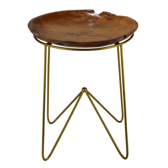 Bare Decor  Paolo End Table with Teak Wood Top with Gold Finish Metal Legs